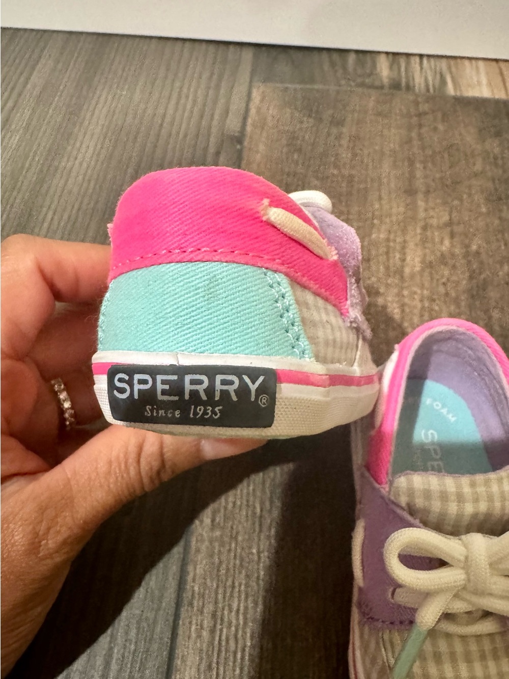 Sperry Intrepid Crib Gingham Boat Shoes Girls Toddler Size 2M Pink Purple - Picture 14 of 15